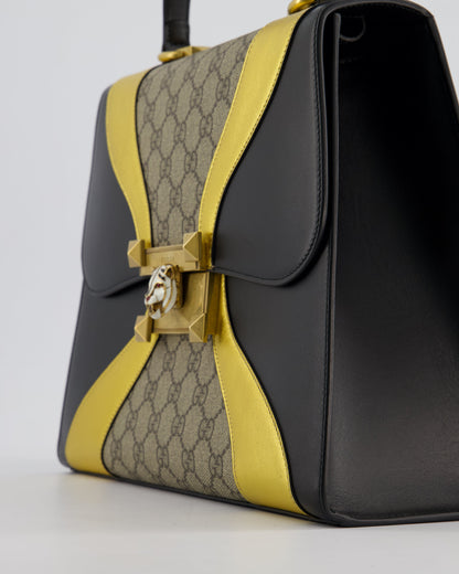 Gucci Black & Gold Osiride Large Flap Bag in Monogram & Leather with Brushed Gold Hardware