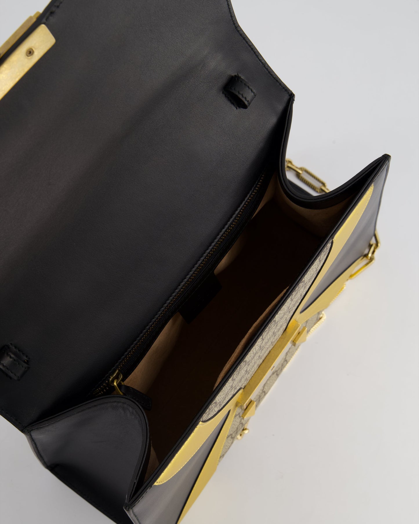 Gucci Black & Gold Osiride Large Flap Bag in Monogram & Leather with Brushed Gold Hardware