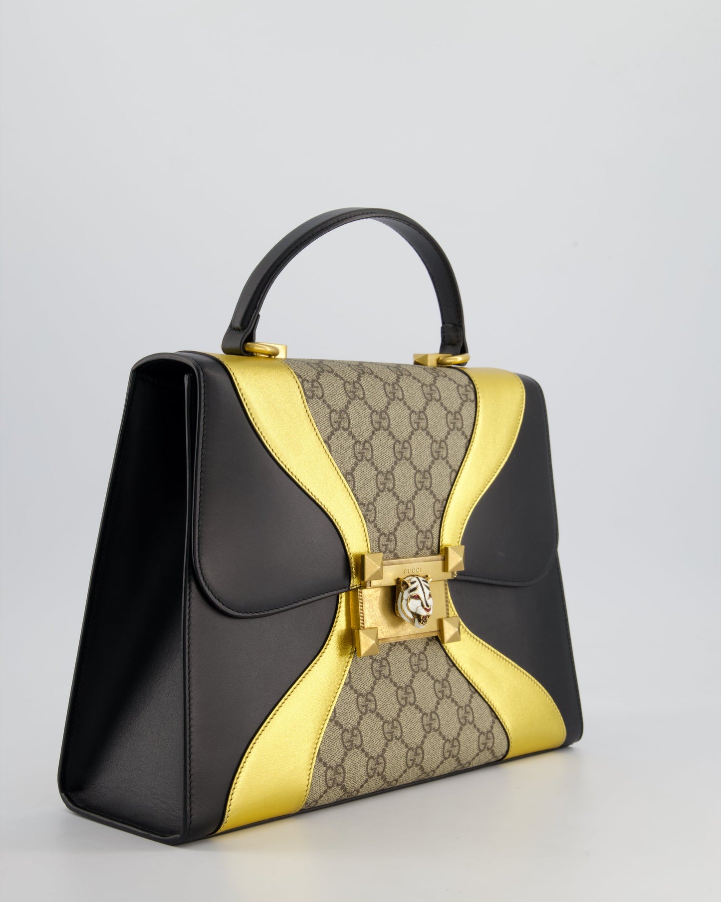 Gucci Black & Gold Osiride Large Flap Bag in Monogram & Leather with Brushed Gold Hardware