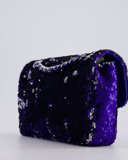 *HOT* Chanel Blue Sequin Medium Single Flap Bag with Silver Hardware
