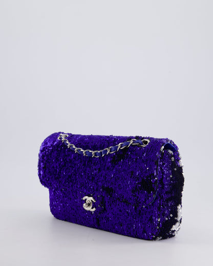*HOT* Chanel Blue Sequin Medium Single Flap Bag with Silver Hardware