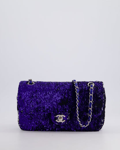 *HOT* Chanel Blue Sequin Medium Single Flap Bag with Silver Hardware