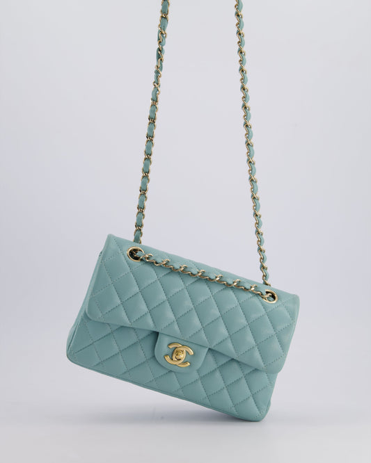 *HOT* Chanel Celeste Blue Small Classic Double Flap Bag in Caviar Leather with Champagne Gold Hardware