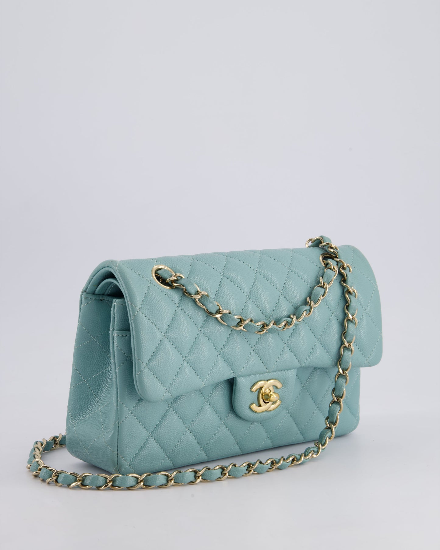 *HOT* Chanel Celeste Blue Small Classic Double Flap Bag in Caviar Leather with Champagne Gold Hardware
