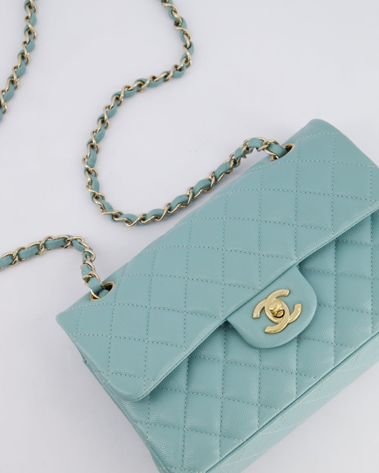 *HOT* Chanel Celeste Blue Small Classic Double Flap Bag in Caviar Leather with Champagne Gold Hardware