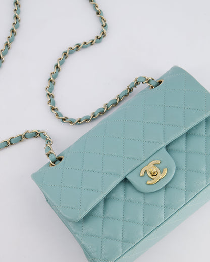 *HOT* Chanel Celeste Blue Small Classic Double Flap Bag in Caviar Leather with Champagne Gold Hardware