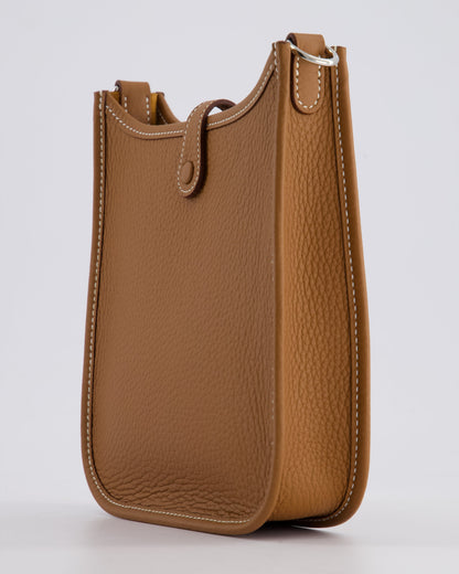 Hermès Mini Evelyne 16 Bag in Gold Clemence Leather with Palladium Hardware and Gold Sangle Strap