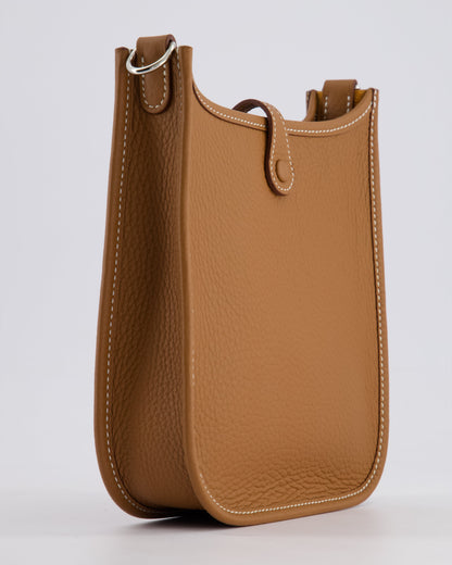 Hermès Mini Evelyne 16 Bag in Gold Clemence Leather with Palladium Hardware and Gold Sangle Strap