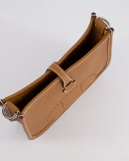 Hermès Mini Evelyne 16 Bag in Gold Clemence Leather with Palladium Hardware and Gold Sangle Strap