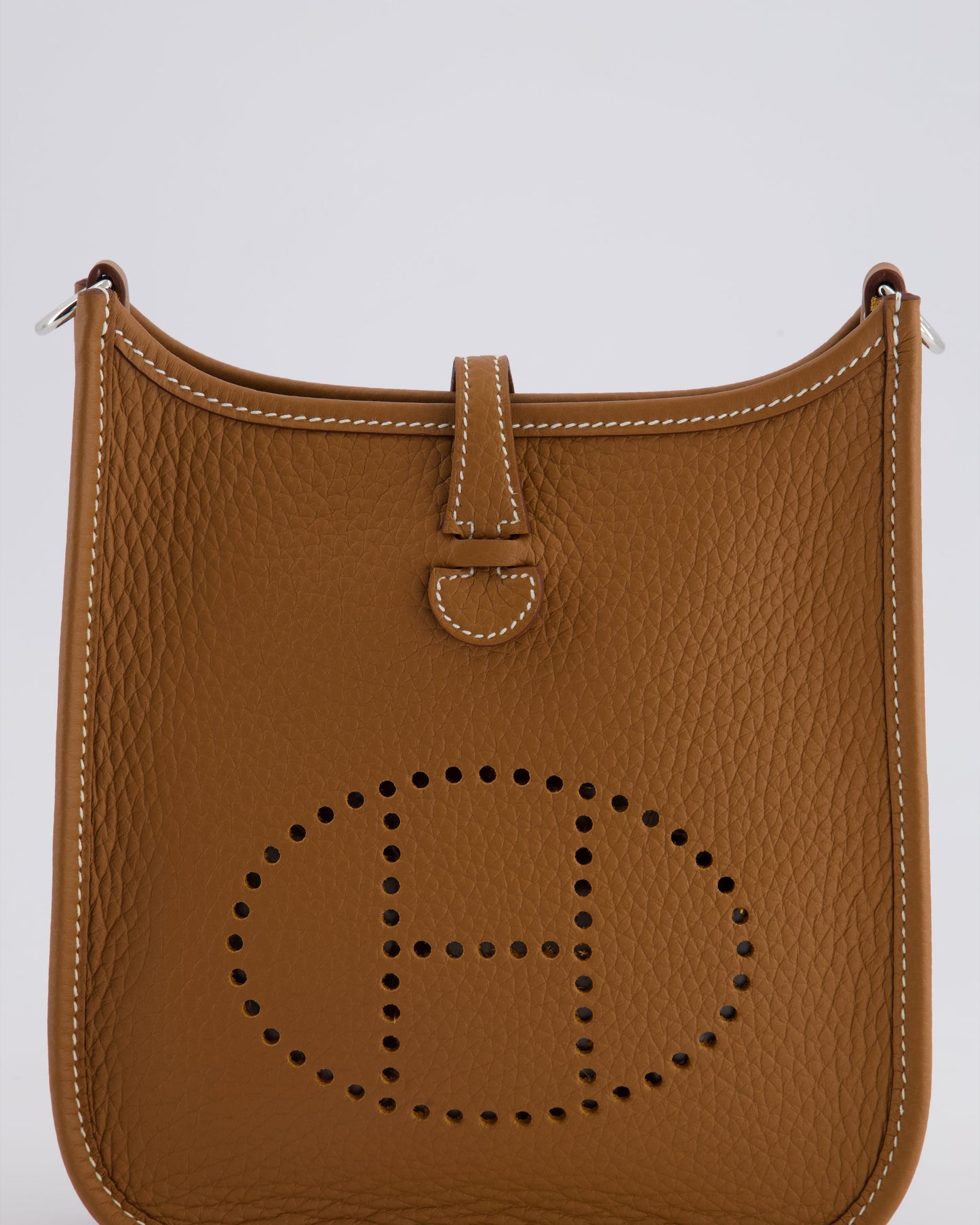 Hermès Mini Evelyne 16 Bag in Gold Clemence Leather with Palladium Hardware and Gold Sangle Strap