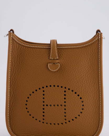 Hermès Mini Evelyne 16 Bag in Gold Clemence Leather with Palladium Hardware and Gold Sangle Strap