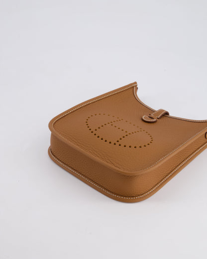 Hermès Mini Evelyne 16 Bag in Gold Clemence Leather with Palladium Hardware and Gold Sangle Strap