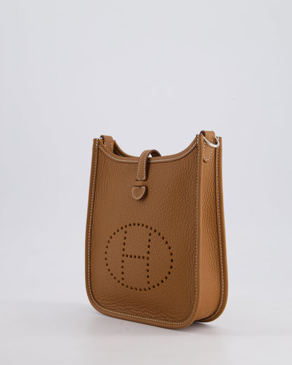 Hermès Mini Evelyne 16 Bag in Gold Clemence Leather with Palladium Hardware and Gold Sangle Strap