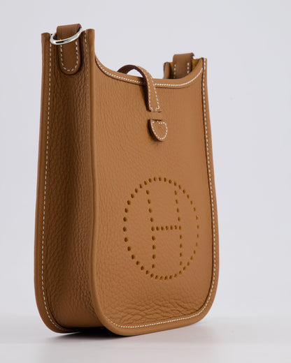 Hermès Mini Evelyne 16 Bag in Gold Clemence Leather with Palladium Hardware and Gold Sangle Strap