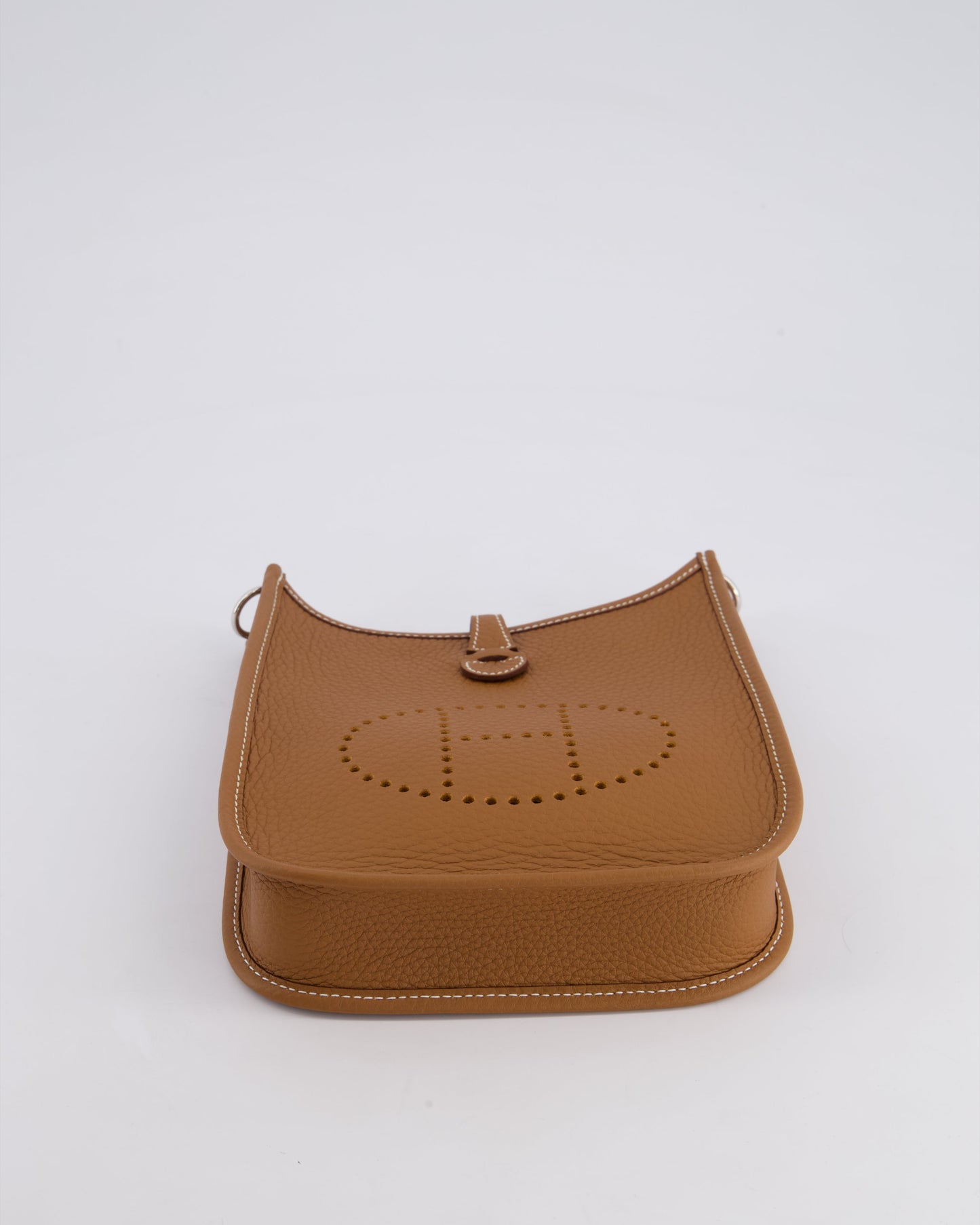 Hermès Mini Evelyne 16 Bag in Gold Clemence Leather with Palladium Hardware and Gold Sangle Strap