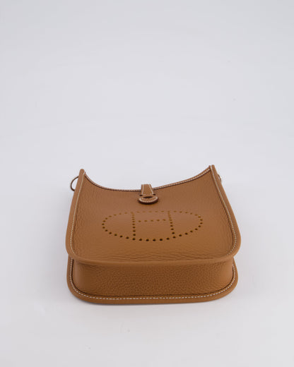 Hermès Mini Evelyne 16 Bag in Gold Clemence Leather with Palladium Hardware and Gold Sangle Strap