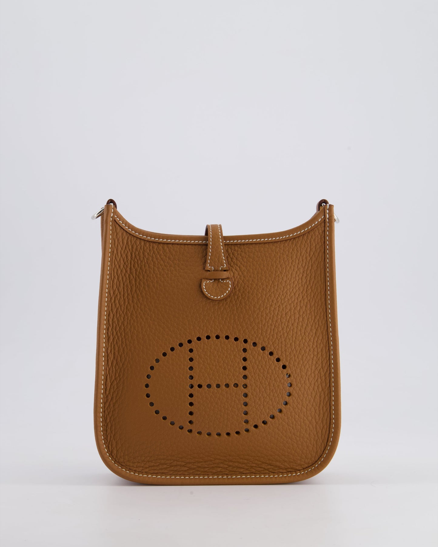Hermès Mini Evelyne 16 Bag in Gold Clemence Leather with Palladium Hardware and Gold Sangle Strap