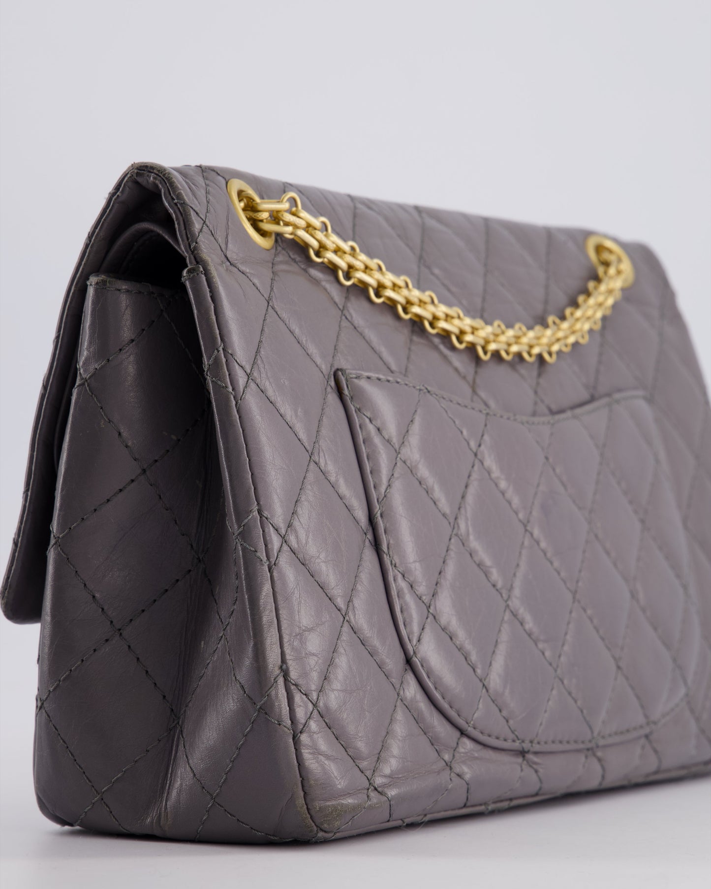 Chanel Grey Medium Reissue 2.55 Double Flap Bag in Quilted Crumpled Calfskin with Aged Gold Hardware