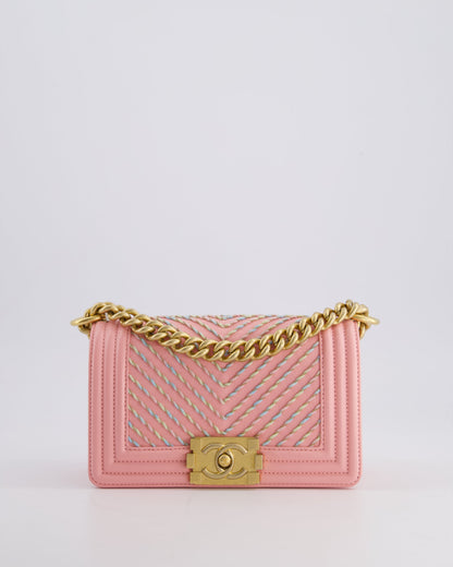 Chanel Pink Small Boy Bag in Lambskin Leather with Pastel Chevron Detail and Brushed Gold Hardware