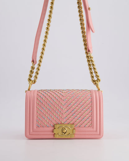 Chanel Pink Small Boy Bag in Lambskin Leather with Pastel Chevron Detail and Brushed Gold Hardware