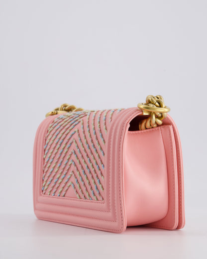 Chanel Pink Small Boy Bag in Lambskin Leather with Pastel Chevron Detail and Brushed Gold Hardware