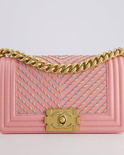 Chanel Pink Small Boy Bag in Lambskin Leather with Pastel Chevron Detail and Brushed Gold Hardware