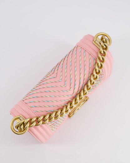 Chanel Pink Small Boy Bag in Lambskin Leather with Pastel Chevron Detail and Brushed Gold Hardware