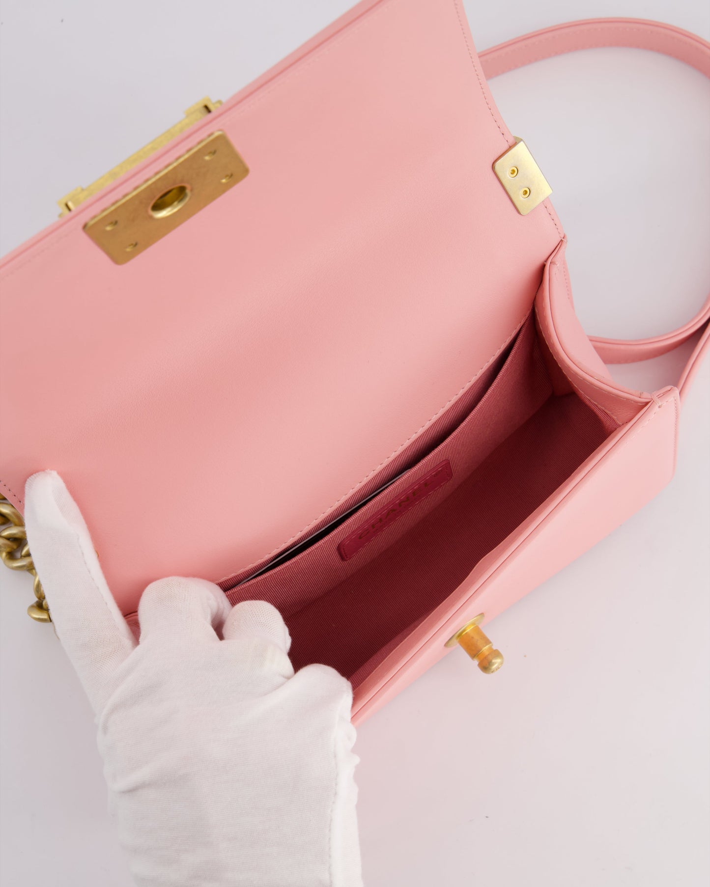 Chanel Pink Small Boy Bag in Lambskin Leather with Pastel Chevron Detail and Brushed Gold Hardware