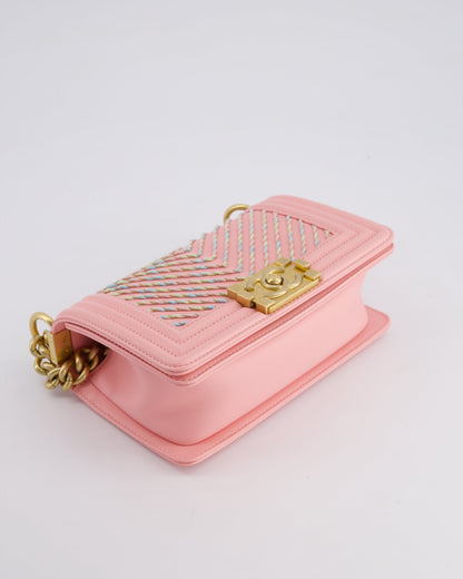 Chanel Pink Small Boy Bag in Lambskin Leather with Pastel Chevron Detail and Brushed Gold Hardware