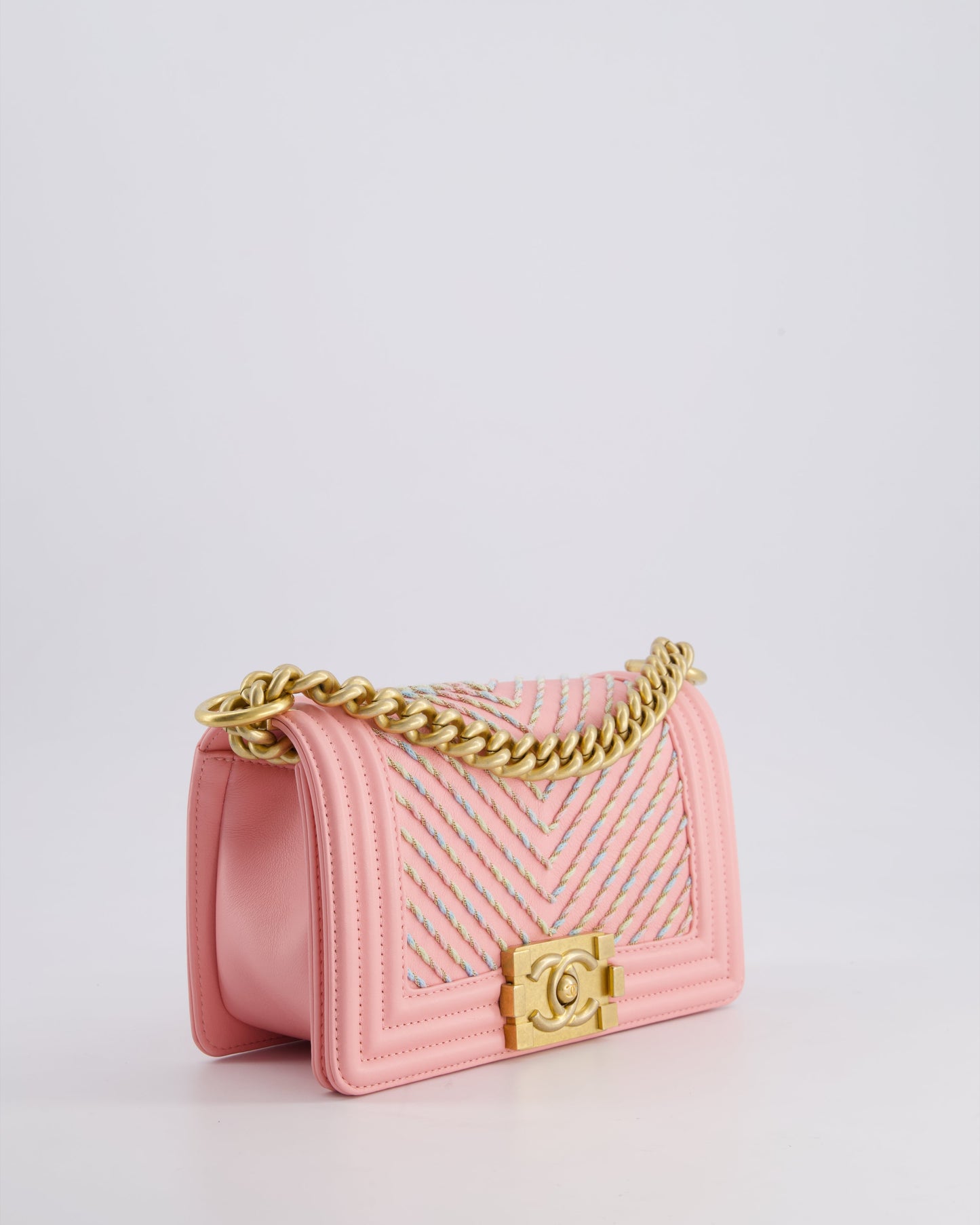 Chanel Pink Small Boy Bag in Lambskin Leather with Pastel Chevron Detail and Brushed Gold Hardware