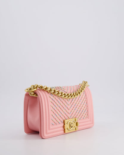 Chanel Pink Small Boy Bag in Lambskin Leather with Pastel Chevron Detail and Brushed Gold Hardware