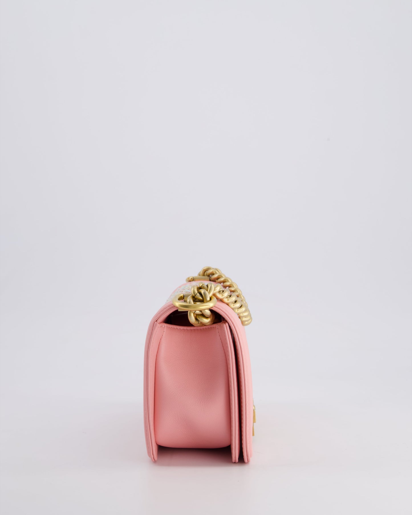 Chanel Pink Small Boy Bag in Lambskin Leather with Pastel Chevron Detail and Brushed Gold Hardware