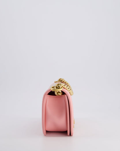 Chanel Pink Small Boy Bag in Lambskin Leather with Pastel Chevron Detail and Brushed Gold Hardware