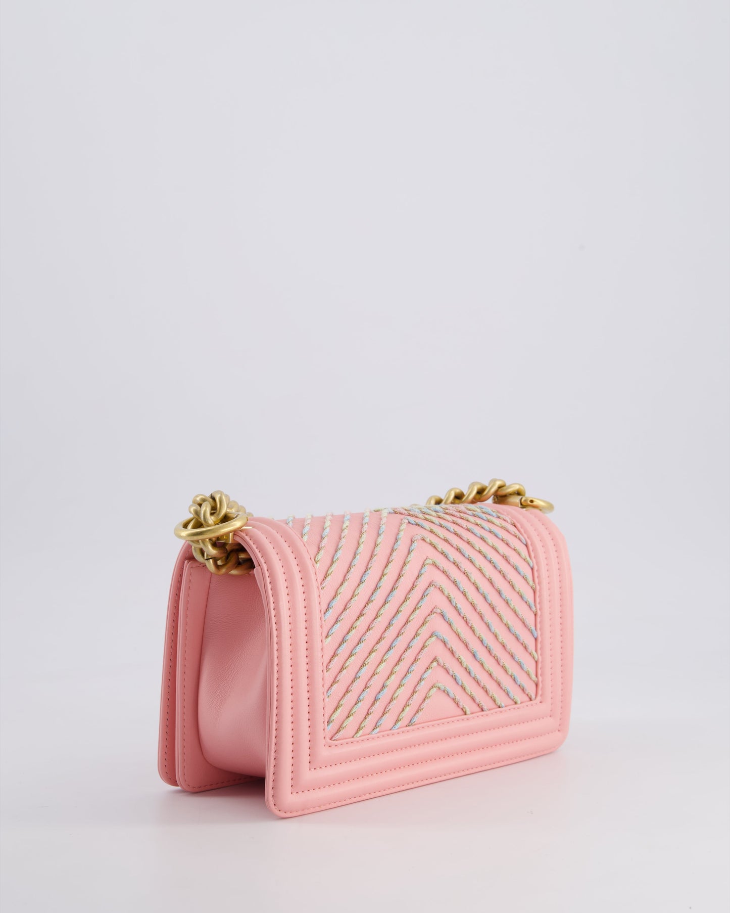 Chanel Pink Small Boy Bag in Lambskin Leather with Pastel Chevron Detail and Brushed Gold Hardware