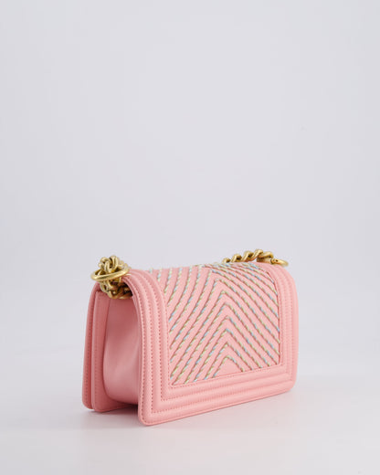 Chanel Pink Small Boy Bag in Lambskin Leather with Pastel Chevron Detail and Brushed Gold Hardware