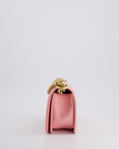 Chanel Pink Small Boy Bag in Lambskin Leather with Pastel Chevron Detail and Brushed Gold Hardware