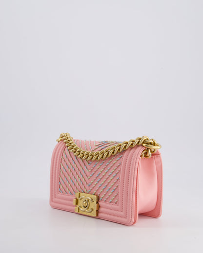 Chanel Pink Small Boy Bag in Lambskin Leather with Pastel Chevron Detail and Brushed Gold Hardware