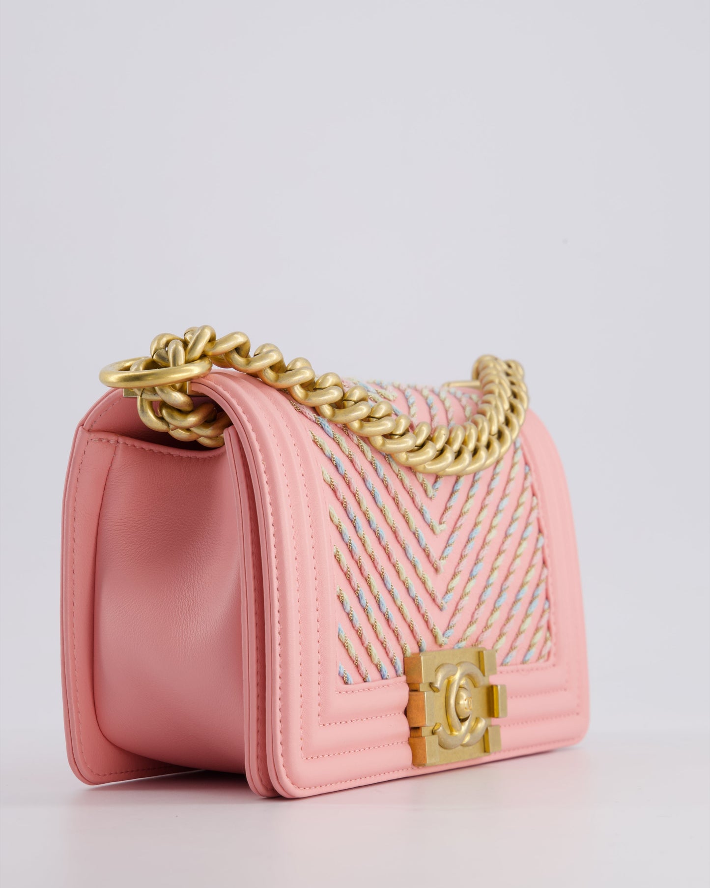 Chanel Pink Small Boy Bag in Lambskin Leather with Pastel Chevron Detail and Brushed Gold Hardware
