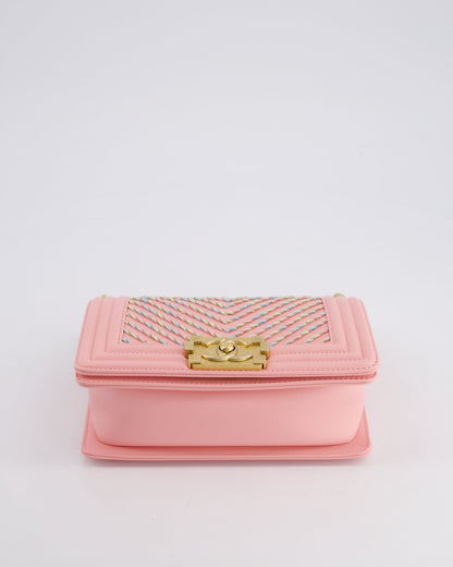 Chanel Pink Small Boy Bag in Lambskin Leather with Pastel Chevron Detail and Brushed Gold Hardware