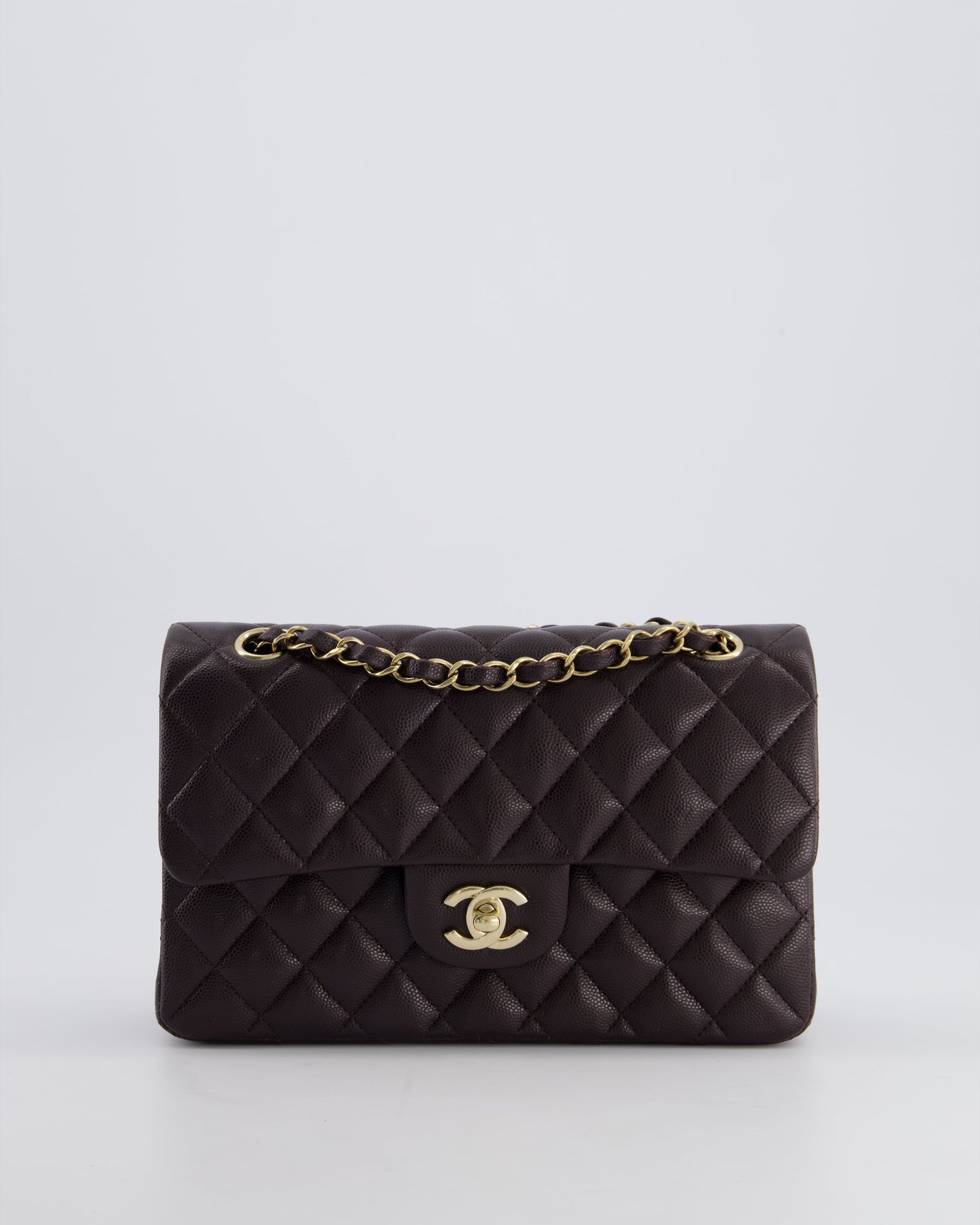 *RARE COLOUR* Chanel Dark Burgundy Small Classic Double Flap Bag in Caviar Leather with Champagne Gold Hardware