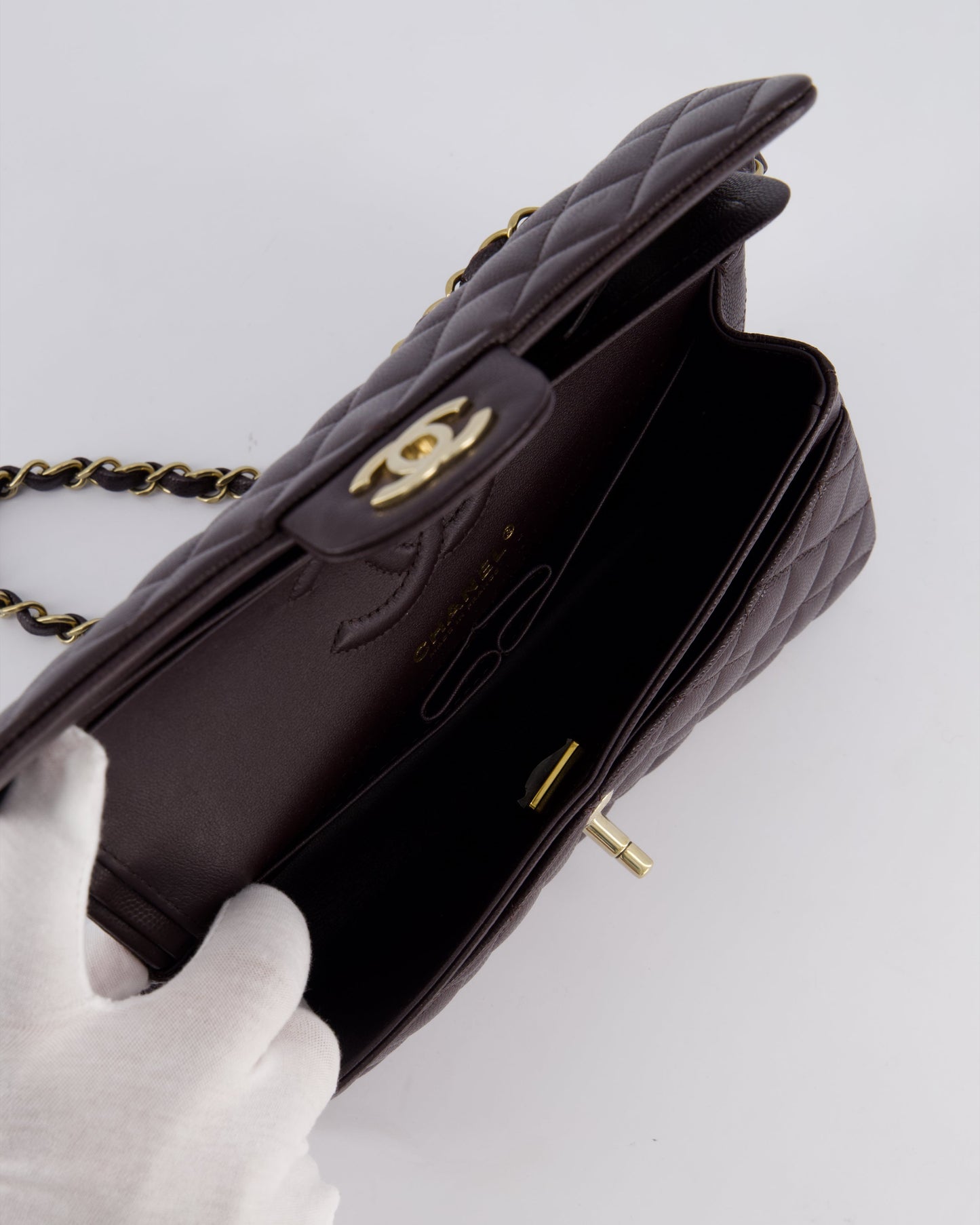 *RARE COLOUR* Chanel Dark Burgundy Small Classic Double Flap Bag in Caviar Leather with Champagne Gold Hardware