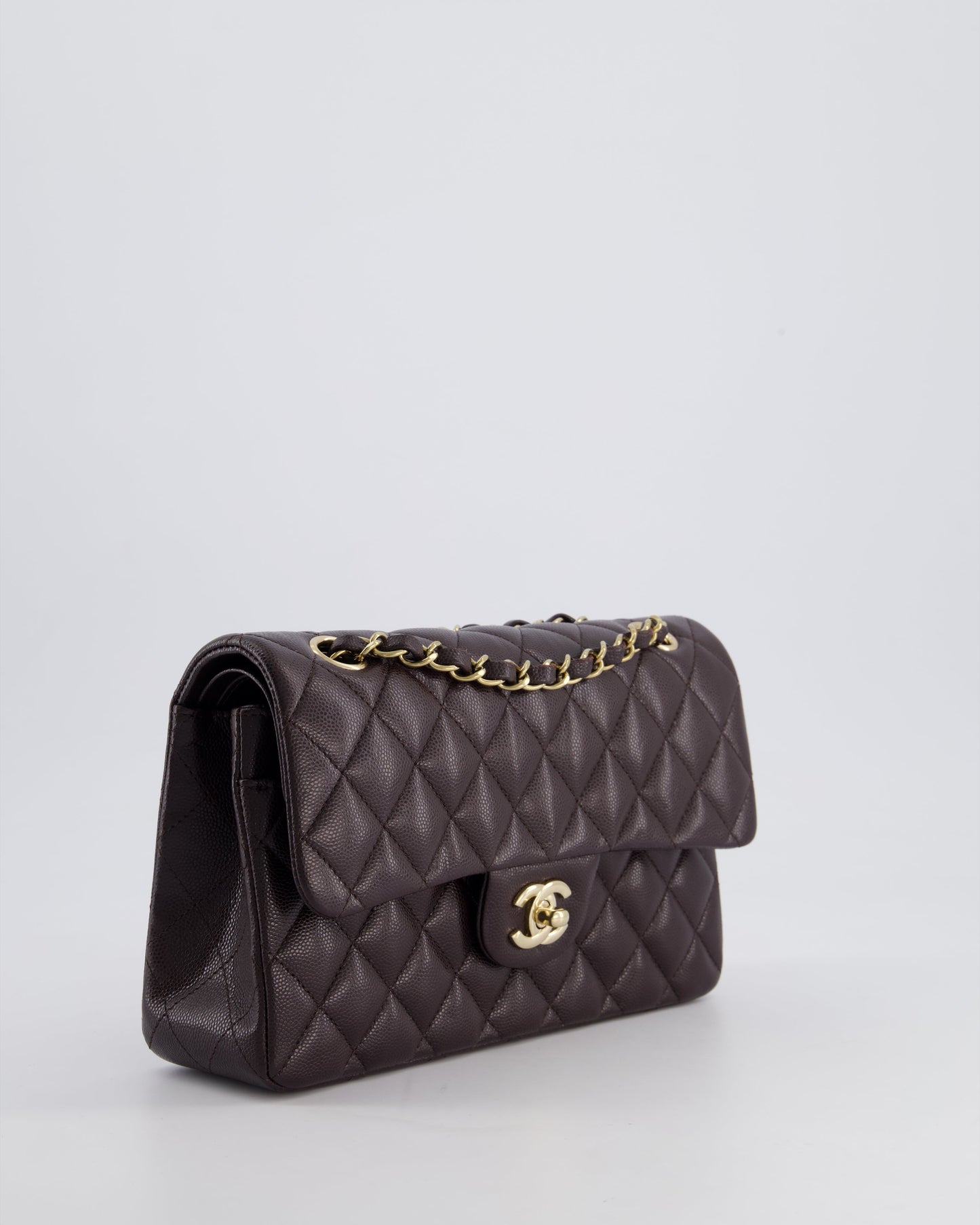 *RARE COLOUR* Chanel Dark Burgundy Small Classic Double Flap Bag in Caviar Leather with Champagne Gold Hardware