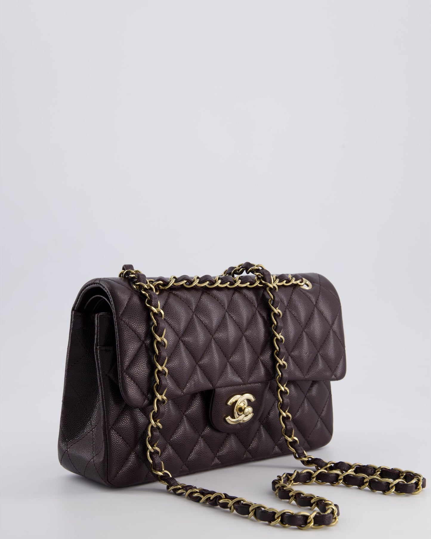 *RARE COLOUR* Chanel Dark Burgundy Small Classic Double Flap Bag in Caviar Leather with Champagne Gold Hardware