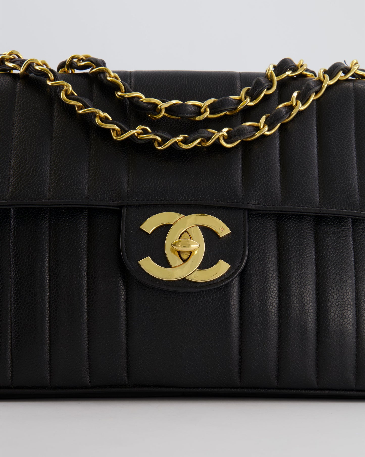 Chanel Vintage Black Mademoiselle XL Single Flap Bag in Grained Leather with 24k Gold Hardware
