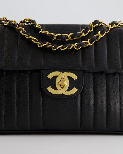 Chanel Vintage Black Mademoiselle XL Single Flap Bag in Grained Leather with 24k Gold Hardware