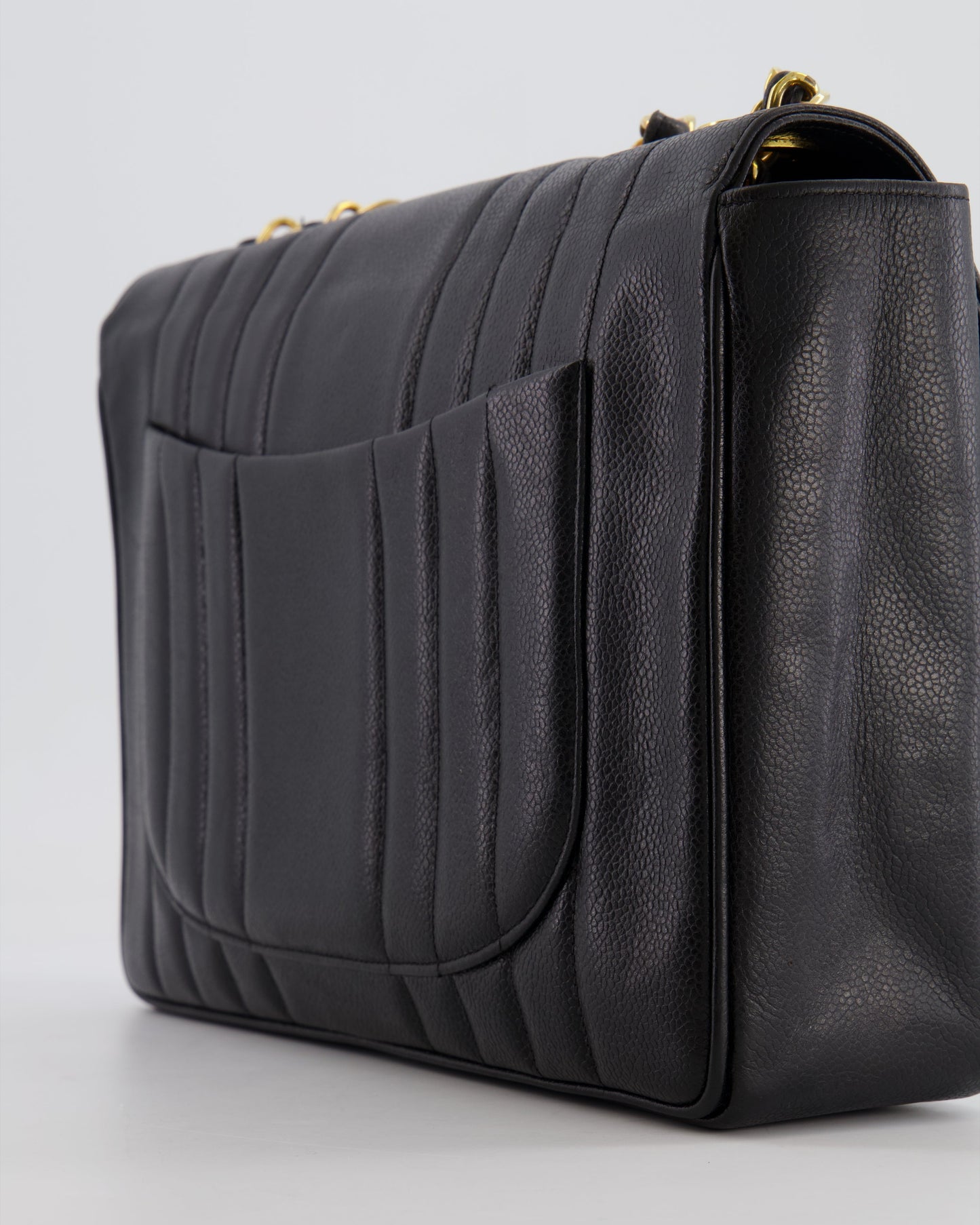 Chanel Vintage Black Mademoiselle XL Single Flap Bag in Grained Leather with 24k Gold Hardware