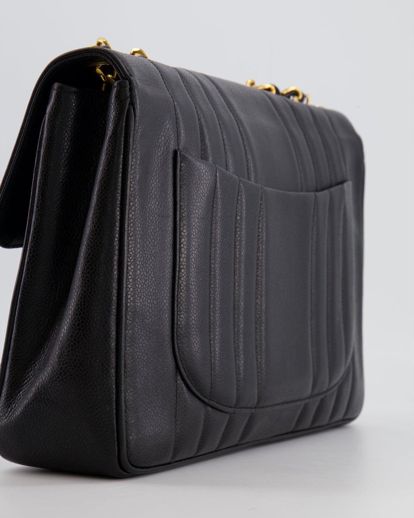 Chanel Vintage Black Mademoiselle XL Single Flap Bag in Grained Leather with 24k Gold Hardware