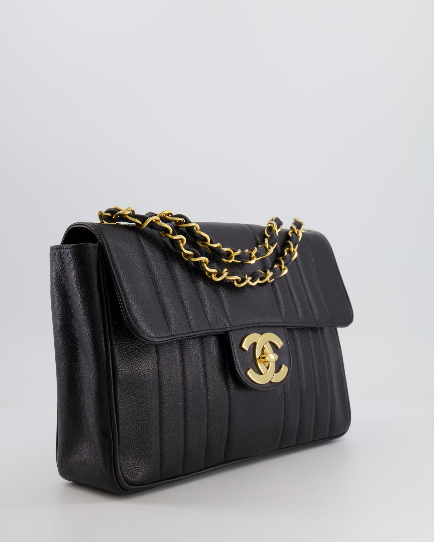 Chanel Vintage Black Mademoiselle XL Single Flap Bag in Grained Leather with 24k Gold Hardware