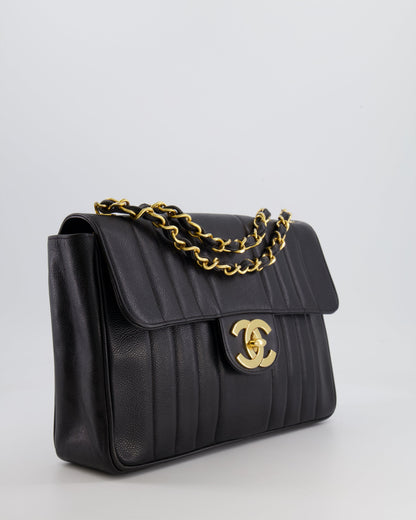 Chanel Vintage Black Mademoiselle XL Single Flap Bag in Grained Leather with 24k Gold Hardware