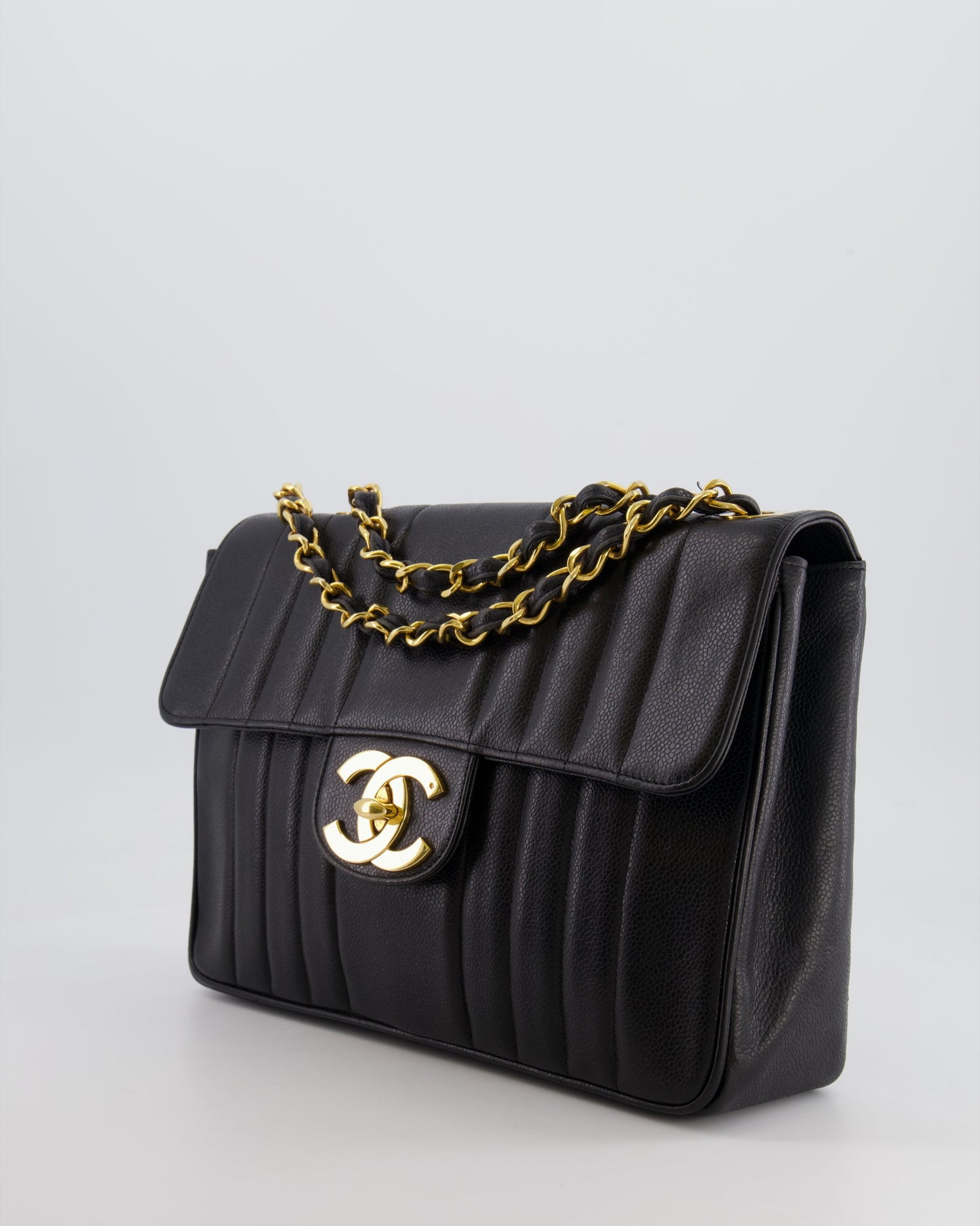 Chanel Vintage Black Mademoiselle XL Single Flap Bag in Grained Leather with 24k Gold Hardware